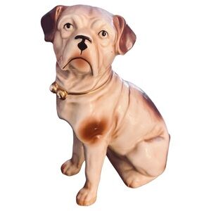 Antique Victorian Bull Dog Mantle Figurine Ceramic Statue Gold Gilt Bell Collar